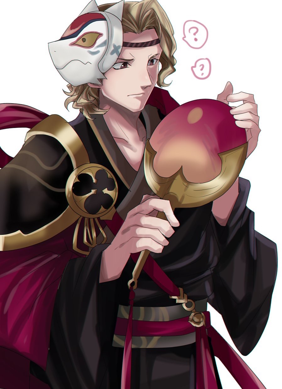 blonde_hair fan fire_emblem fire_emblem_heroes fire_emblem_if highres holding holding_fan japanese_clothes male_focus marks_(fire_emblem_if) mask mask_on_head pauldrons red_eyes solo