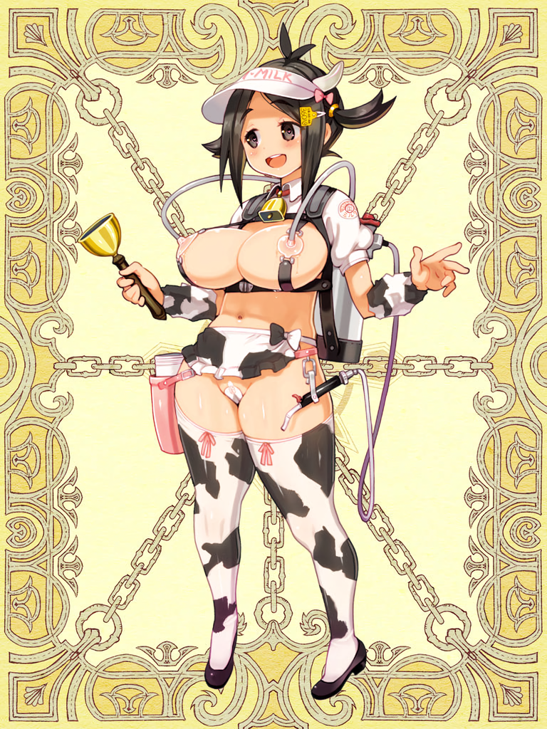 animal_print apron bangs bell black_eyes black_footwear black_hair blush breast_pump breasts clothes_writing covered_nipples cow_bell cow_horns cow_print full_body harness holding horns huge_breasts kerberos_blade lactation milking_machine navel non-web_source official_art open_mouth ryoji_(nomura_ryouji) short_sleeves short_twintails solo swept_bangs tape_on_pussy thick_thighs thighhighs thighs tube twintails upper_teeth visor_cap waist_apron
