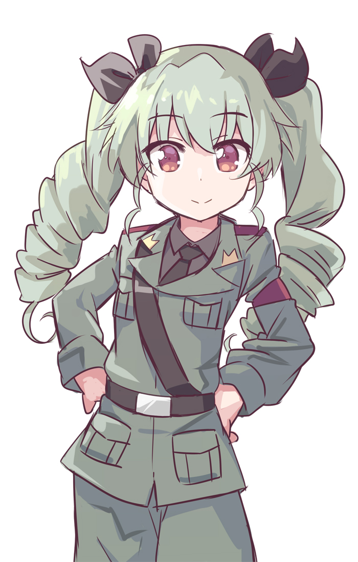 anchovy anzio_military_uniform bangs belt black_belt black_neckwear black_ribbon black_shirt chikuwa_(majihima) closed_mouth commentary cowboy_shot dress_shirt drill_hair eyebrows_visible_through_hair girls_und_panzer green_hair grey_jacket grey_pants hair_ribbon hands_on_hips jacket long_hair long_sleeves looking_at_viewer military military_uniform necktie pants red_eyes ribbon sam_browne_belt shirt simple_background smile standing twin_drills twintails uniform white_background