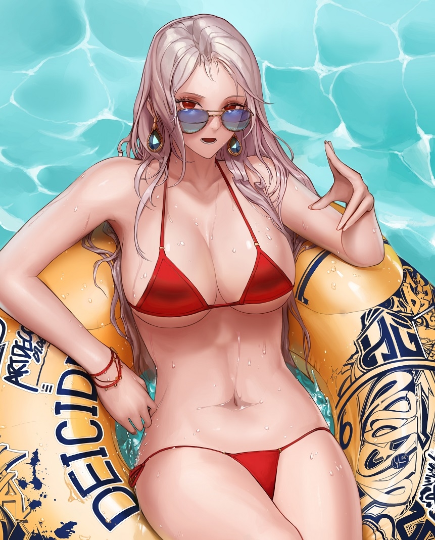 aviator_sunglasses bikini bracelet breasts cleavage demon_slayer_(dungeon_and_fighter) dungeon_and_fighter earrings female_slayer_(dungeon_and_fighter) innertube jewelry large_breasts legs_together light_brown_hair long_hair looking_at_viewer looking_over_eyewear lying monaim navel on_back open_mouth outdoors red_bikini red_eyes side-tie_bikini side-tie_bottom solo sunglasses swimsuit water wet
