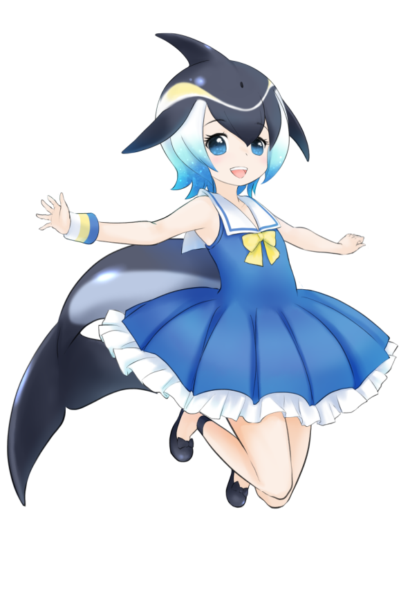 :d black_footwear black_hair blue_dress blue_eyes blue_hair bow bowtie common_dolphin_(kemono_friends) dolphin_tail dress eyebrows_visible_through_hair fins frilled_dress frills full_body ise_(0425) kemono_friends looking_at_viewer multicolored_hair open_mouth outstretched_arms sailor_collar sailor_dress shoes short_hair simple_background sleeveless sleeveless_dress smile solo spread_arms white_background white_sailor_collar wristband yellow_neckwear