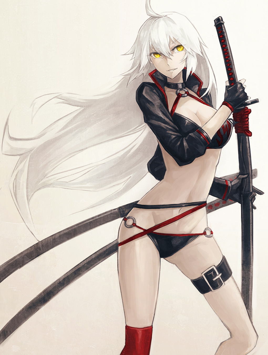 a-er_(akkij0358) ahoge bangs bikini black_bikini black_jacket breasts choker cleavage collarbone commentary_request eyebrows_visible_through_hair fate/grand_order fate_(series) gloves hair_between_eyes highres holding holding_sword holding_weapon jacket jeanne_d'arc_(alter_swimsuit_berserker) jeanne_d'arc_(fate)_(all) large_breasts long_hair looking_at_viewer o-ring sheath sheathed shrug_(clothing) simple_background smile solo swimsuit sword tan_background thigh_strap weapon yellow_eyes