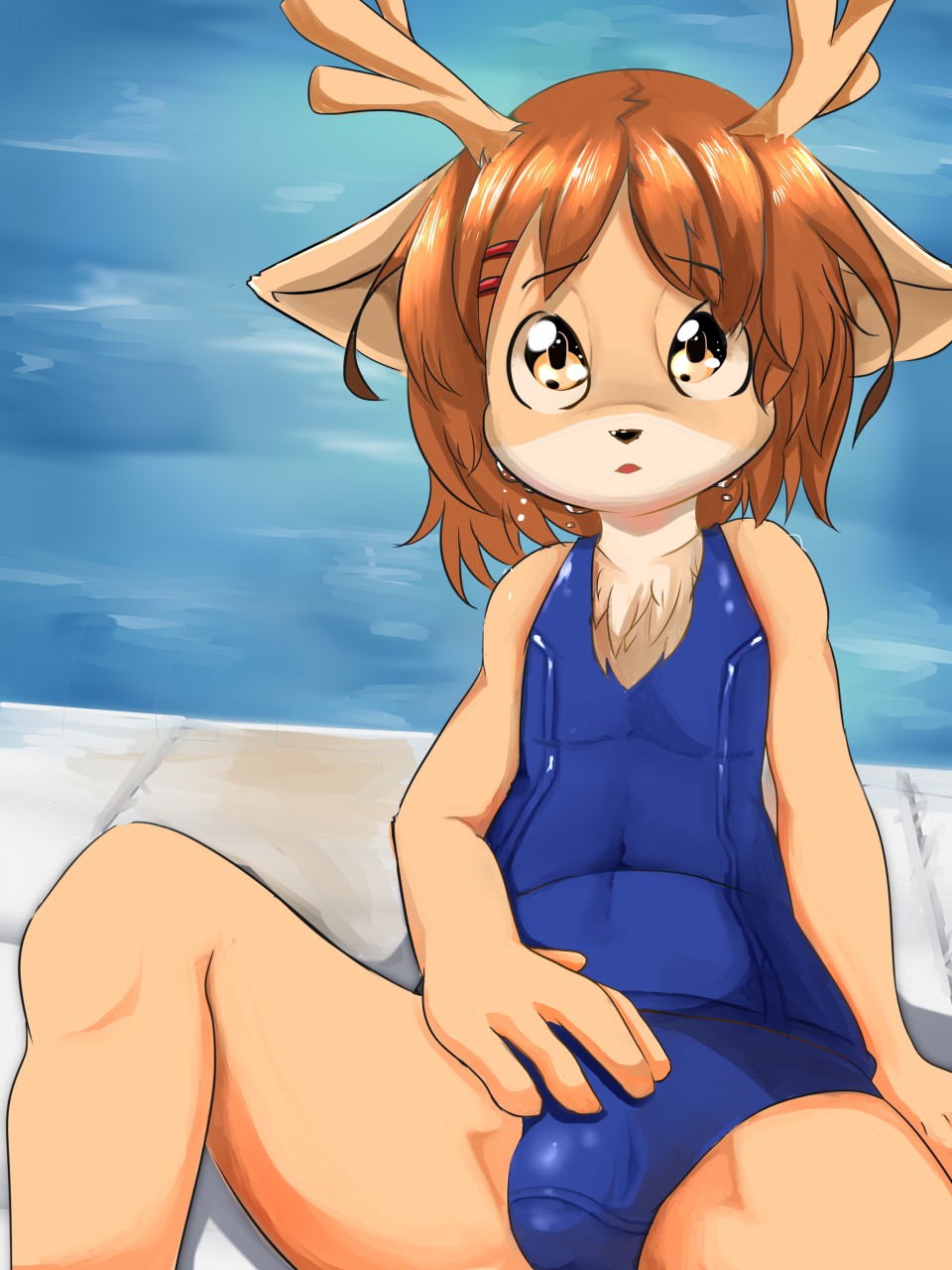 anthro antlers black_nose brown_hair bulge cervine chest_tuft clothed clothing crossdressing cub fur hair hand_on_penis horn looking_at_viewer male mammal multicolored_fur navel one-piece_swimsuit open_mouth orange_eyes oumseven penis_outline reclining solo spread_legs spreading swimming_pool swimsuit tan_fur translucent transparent_clothing tuft two_tone_fur wet white_fur young