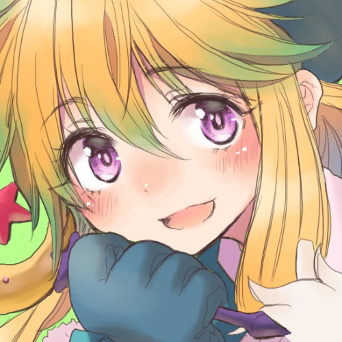 1girl bangs bans blonde_hair blue_gloves blush chin_rest close_up eyebrows_visible_through_hair face gloves hair_between_eyes houshin_engi ko_kibi open_mouth purple_eyes saco_(clover) sidelocks smile solo