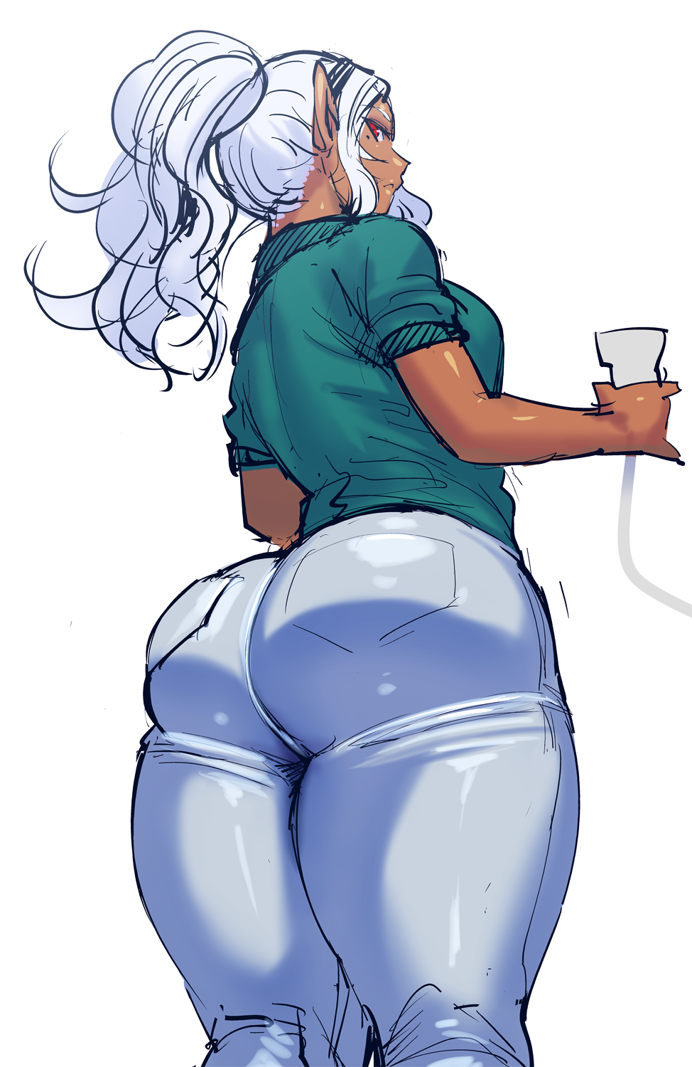 :&lt; ass breasts curly_hair dark_elf dark_skin denim elf elf-san_wa_yaserarenai. from_behind green_shirt grey_pants hairband highres huge_ass jeans kuroeda-san long_hair looking_at_viewer looking_back mole mole_under_eye pants pointy_ears ponytail red_eyes shirt short_sleeves silver_hair simple_background sketch skin_tight solo standing synecdoche taut_pants thick_thighs thighs white_background white_hair