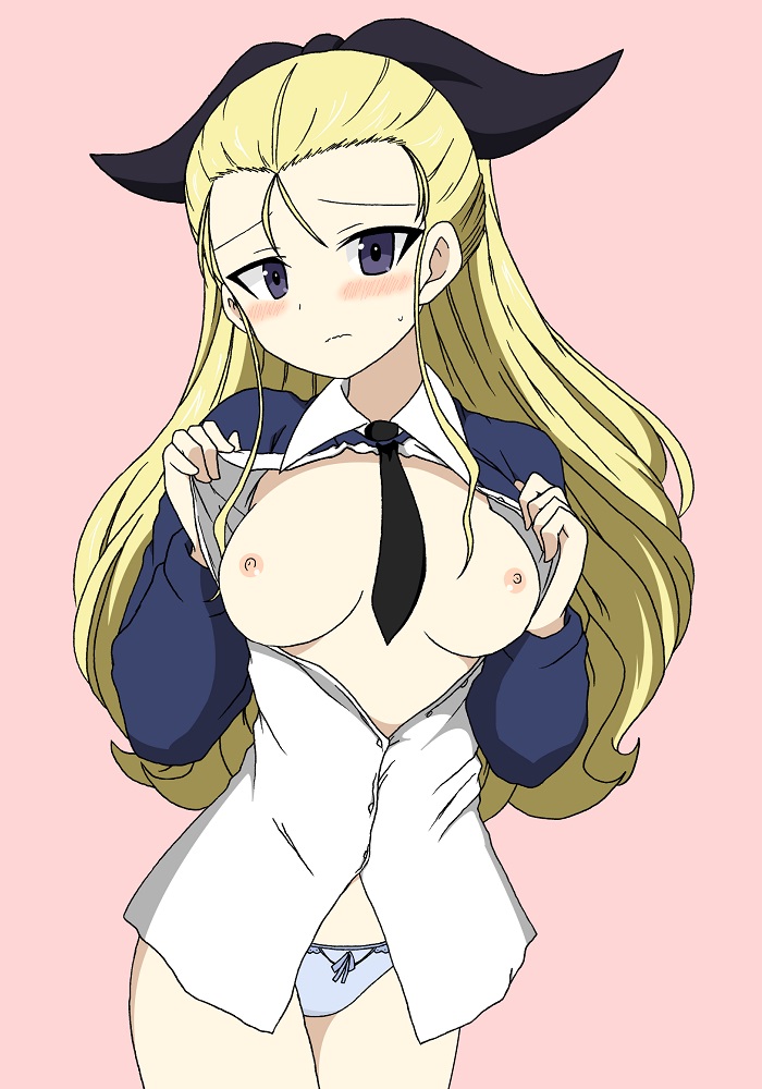 assam black_neckwear blonde_hair blue_eyes blue_panties blue_sweater blush bow bow_panties breasts closed_mouth commentary_request cowboy_shot dress_shirt embarrassed frown girls_und_panzer hair_pulled_back head_tilt ichinose_jun lifted_by_self long_hair long_sleeves looking_at_viewer medium_breasts necktie nipples no_bra no_pants open_clothes open_shirt panties pink_background school_uniform shirt shirt_lift solo st._gloriana's_school_uniform standing sweatdrop sweater underwear white_shirt wing_collar