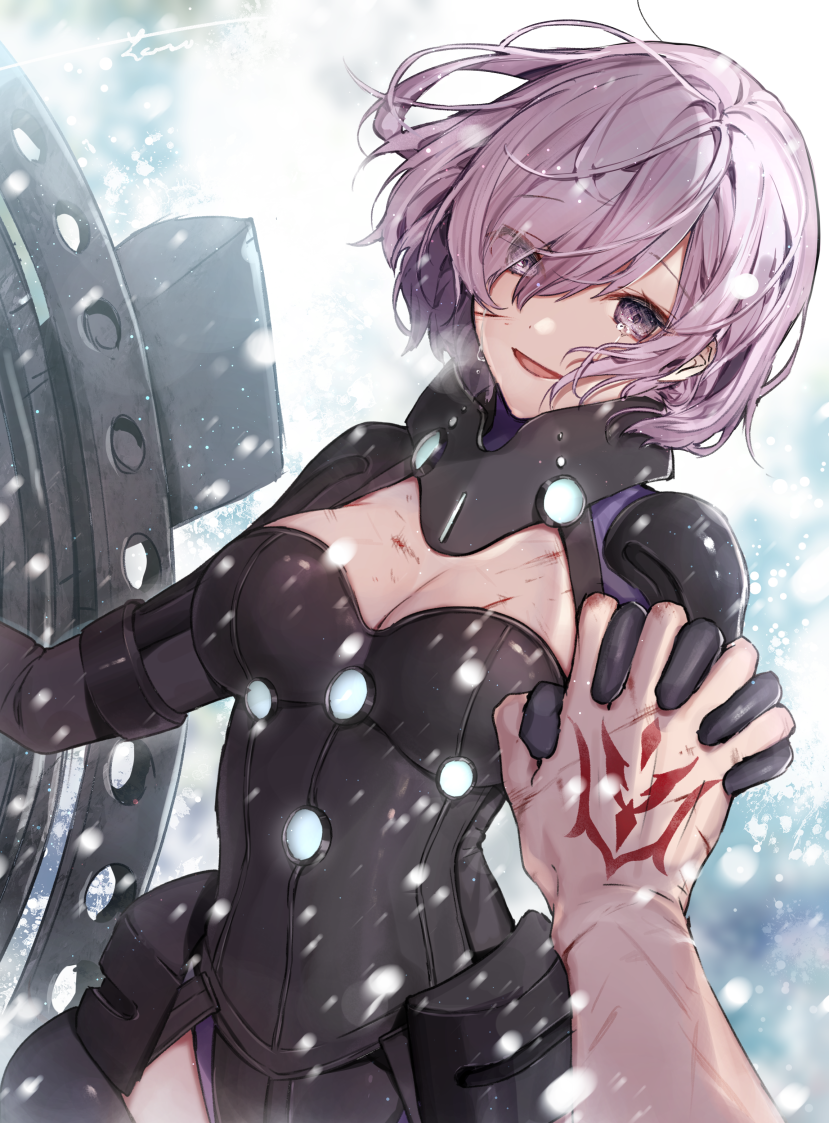 armored_leotard bangs black_gloves black_leotard blood breasts cleavage command_spell commentary_request cuts elbow_gloves fate/grand_order fate_(series) fujimaru_ritsuka_(male) gloves grey_sky hair_over_one_eye hanakeda_(hanada_shiwo) hand_tattoo holding_shield injury large_breasts lavender_eyes lavender_hair leotard long_sleeves looking_at_viewer mash_kyrielight ortenaus outdoors shield short_hair smile snowing tears wind winter