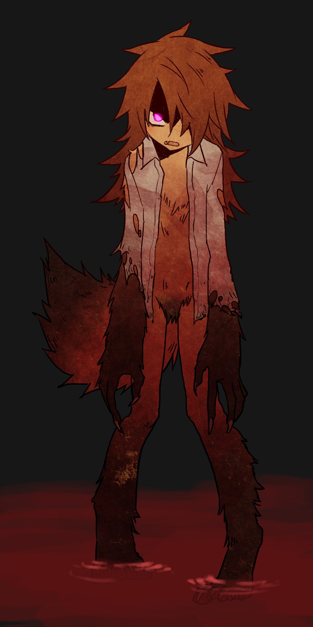 1girl brown_hair claws female fur glowing glowing_eyes hair_over_one_eye long_hair messy_hair monster_girl ootorii_bisetsu open_clothes open_mouth original pink_eyes solo standing tail torn_clothes werewolf