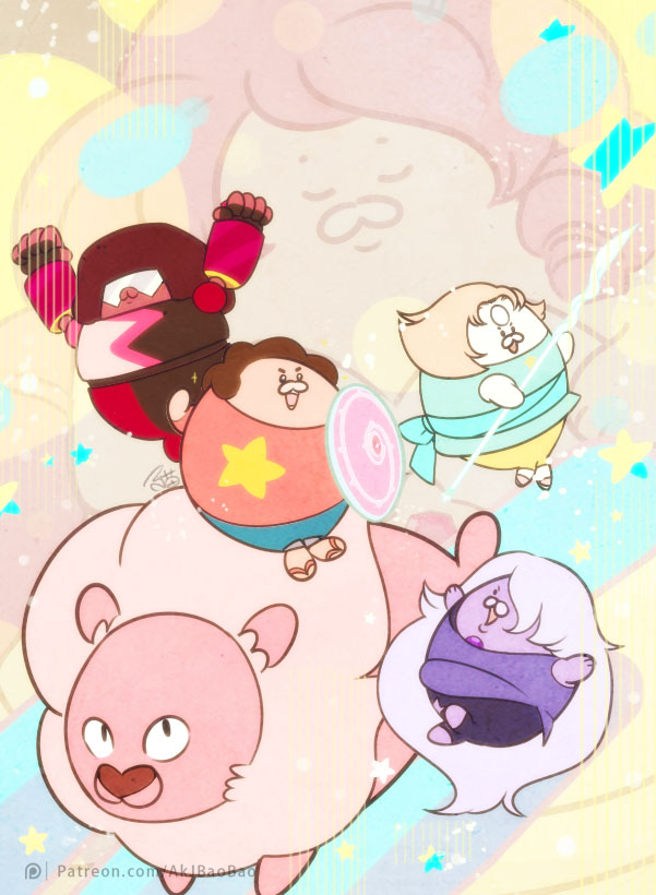 4others :d :o aa2233a amethyst_(steven_universe) arms_up artist_name brown_hair chibi closed_eyes commentary_request forehead_jewel garnet_(steven_universe) gem goggles lion lion_(steven_universe) long_hair multiple_others open_mouth pearl_(steven_universe) pink_hair polearm purple_skin red_skin rose_quartz_universe shield smile spear star steven_quartz_universe steven_universe watermark weapon white_hair