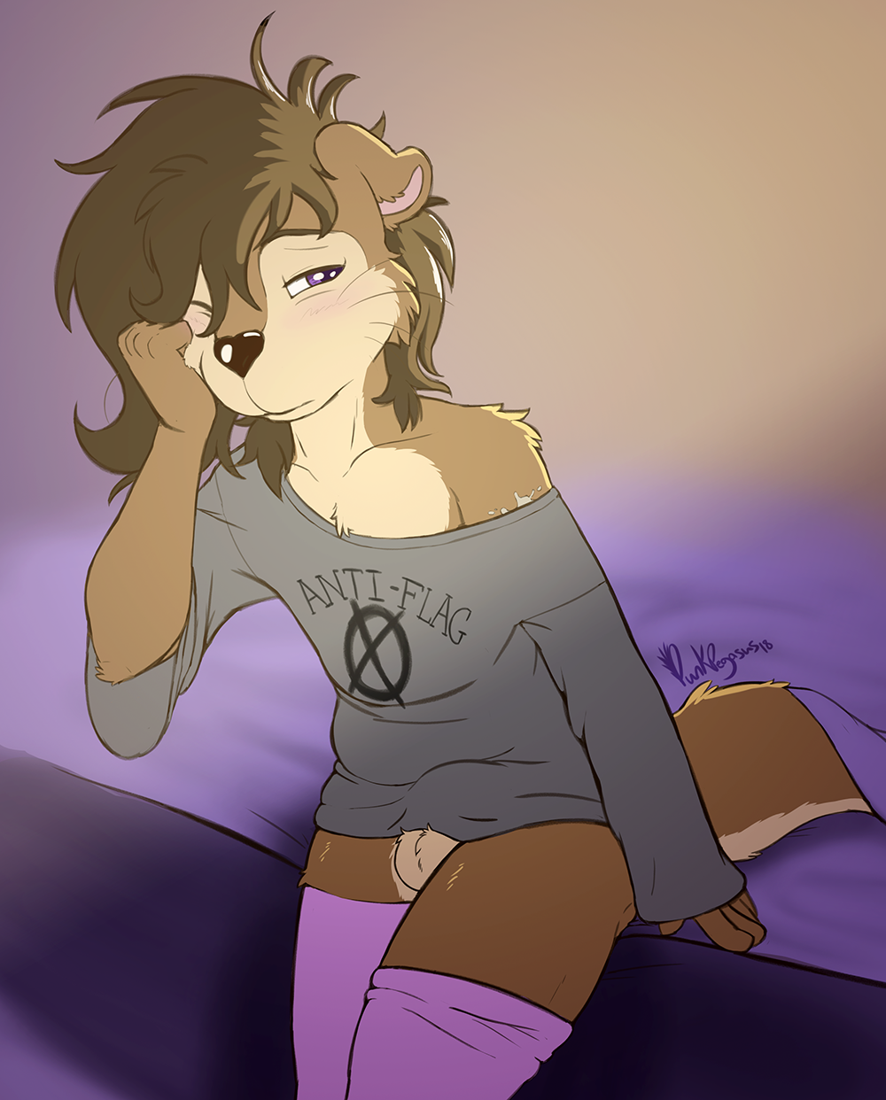 2018 anthro balls bed blush bottomless brown_fur brown_hair bulge clothed clothing fur girly hair legwear male mammal multicolored_fur mustelid otter ozzy_otter punk-pegasus purple_eyes stockings sweater tired two_tone_fur waking_up whiskers