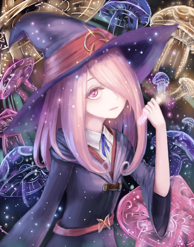 hair_over_one_eye hand_up hat little_witch_academia long_hair mushroom pale_skin pink_hair red_eyes rinmmo solo standing sucy_manbavaran vial wide_sleeves witch witch_hat