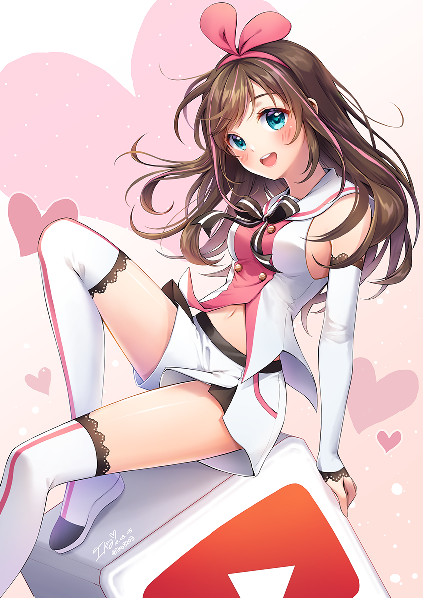 :d a.i._channel aqua_eyes arm_warmers bangs bare_shoulders blush bow bowtie breasts brown_hair commentary_request hairband heart highres ika_(4801055) kizuna_ai long_hair looking_at_viewer medium_breasts multicolored_hair navel open_mouth pink_hair play_button short_shorts shorts sitting smile solo streaked_hair swept_bangs thighhighs two-tone_hair white_shorts