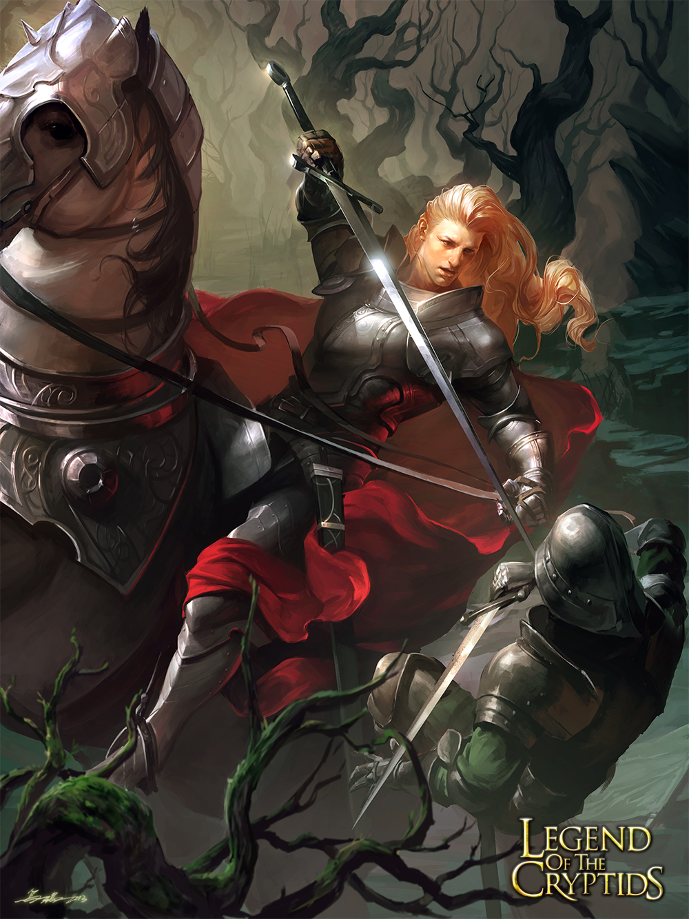 armor armored_boots artist_name boots cape copyright_name crowgod faceless faceless_male gloves helmet highres horse horseback_riding legend_of_the_cryptids long_hair male_focus official_art open_mouth orange_hair riding solo_focus sword tree weapon