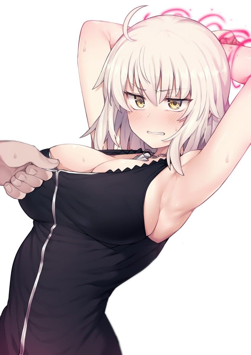 ahoge armpits arms_up black_dress blush breasts cleavage clenched_teeth commentary_request dress dutch_angle eyebrows_visible_through_hair fate/grand_order fate_(series) highres jeanne_d'arc_(alter)_(fate) jeanne_d'arc_(fate)_(all) jewelry jp06 large_breasts medium_hair necklace out_of_frame restrained sideboob simple_background sleeveless sleeveless_dress solo_focus sweat teeth unzipping white_background white_hair yellow_eyes