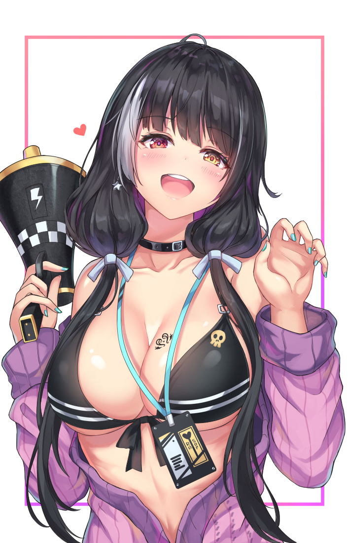 :d ahoge alternate_costume bangs bare_shoulders bikini black_bikini black_hair blue_nails blush breast_tattoo breasts cenangam cleavage collar collarbone commentary earrings eyebrows_visible_through_hair flying_heart front-tie_top girls_frontline hair_over_shoulder head_tilt heterochromia holding_megaphone jewelry lanyard long_hair looking_at_viewer megaphone multicolored_hair nail_polish name_tag off_shoulder open_clothes open_mouth orange_eyes purple_sweater red_eyes ribbed_sweater ro635_(girls_frontline) smile solo star star_earrings streaked_hair sweater swimsuit tattoo twintails upper_body upper_teeth white_hair yellow_eyes