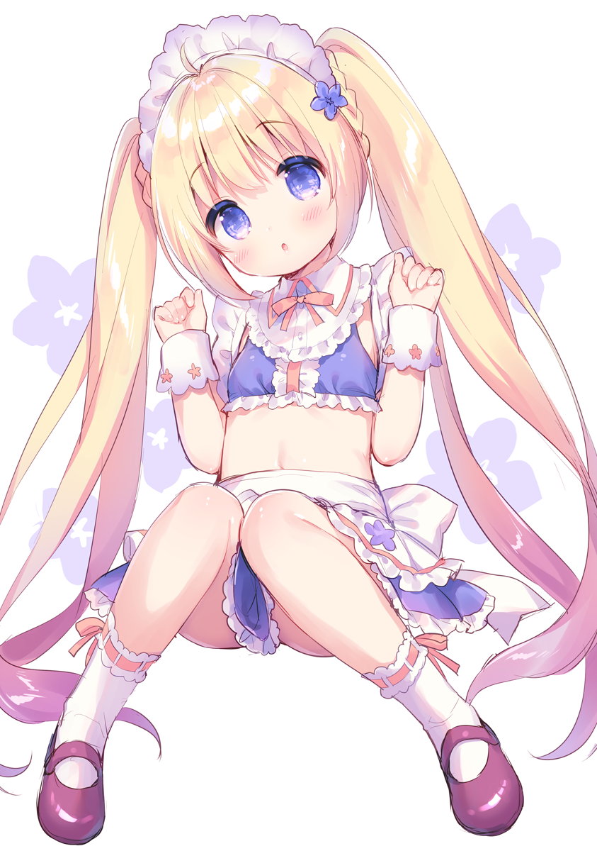 :o ahoge apron bangs blonde_hair blush braid breasts commentary_request crop_top eyebrows_visible_through_hair flower flower_knight_girl frilled_apron frilled_skirt frills hair_between_eyes hair_flower hair_ornament hands_up head_tilt heliotrope_(flower_knight_girl) highres knees_together_feet_apart long_hair looking_at_viewer maid_headdress mary_janes navel object_namesake parted_lips pleated_skirt purple_eyes purple_flower purple_shirt purple_skirt red_footwear ribbon-trimmed_legwear ribbon_trim shirt shoes sidelocks sitting skirt sleeveless sleeveless_shirt small_breasts socks solo twintails usashiro_mani very_long_hair waist_apron white_apron white_legwear