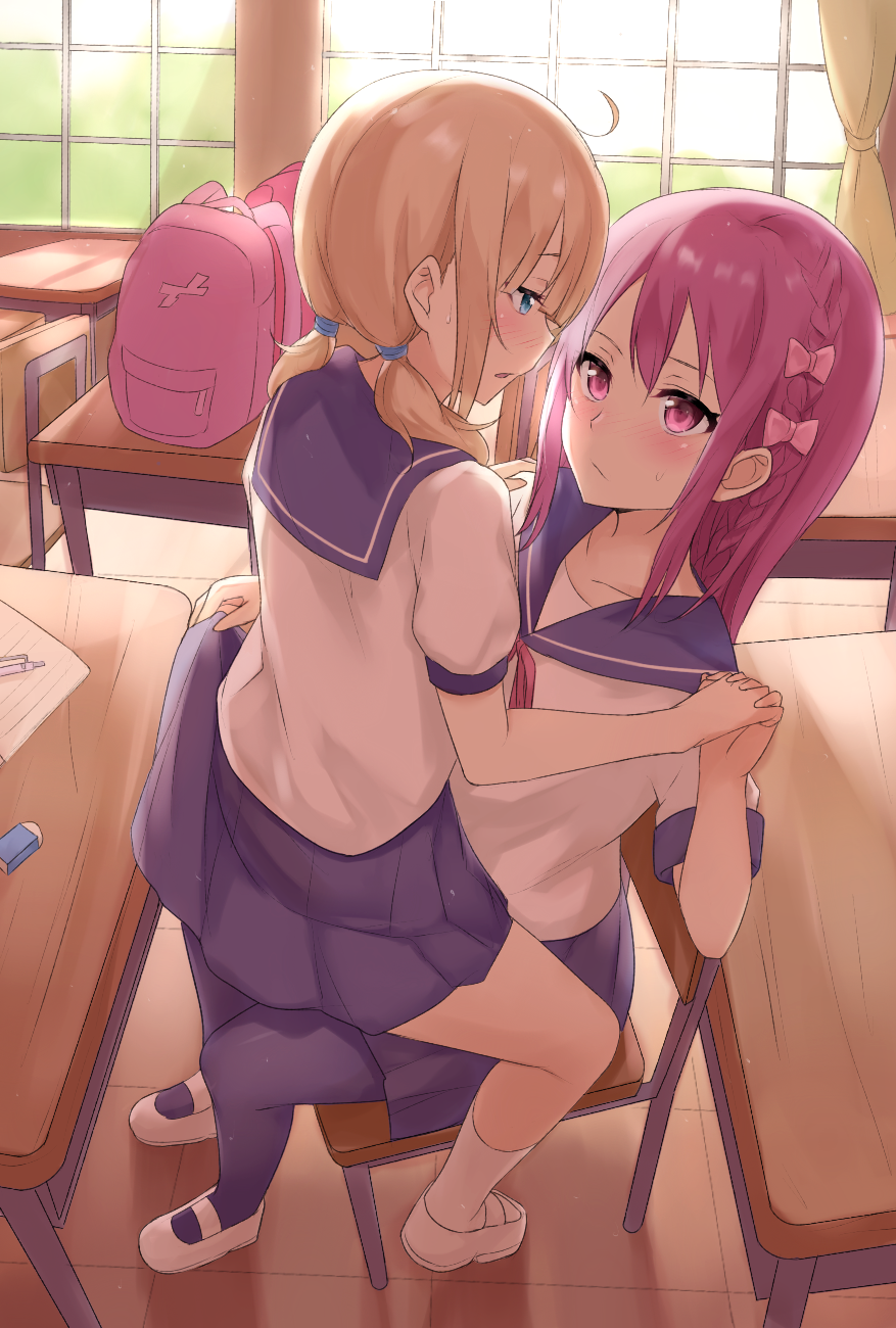 backpack bag bangs blue_eyes blue_legwear blue_sailor_collar blue_skirt blush bow braid chair closed_mouth collarbone commentary_request day desk eraser eye_contact eyebrows_visible_through_hair hair_between_eyes hair_bow hand_on_another's_shoulder highres holding_hands ichijou_(kr_neru0) indoors interlocked_fingers light_brown_hair long_hair looking_at_another multiple_girls on_chair original pantyhose paper parted_lips pink_bow pink_ribbon pleated_skirt profile puffy_short_sleeves puffy_sleeves purple_eyes purple_hair ribbon sailor_collar school_chair school_desk school_uniform serafuku shirt shoes short_sleeves sitting sitting_on_lap sitting_on_person skirt socks sweat tile_floor tiles uwabaki white_footwear white_legwear white_shirt window yuri