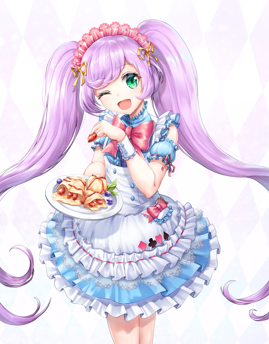 ;d alternate_costume apron argyle argyle_background blue_dress blueberry blush bow center_frills club_(shape) commentary_request detached_sleeves diamond_(shape) dress enmaided food frilled_apron frills fruit green_eyes head_tilt heart holding holding_food holding_plate long_hair looking_at_viewer lunacle maid maid_apron maid_headdress manaka_lala one_eye_closed open_mouth pastel_colors plate pretty_(series) pripara puffy_detached_sleeves puffy_short_sleeves puffy_sleeves purple_hair red_bow ribbon ribbon-trimmed_sleeves ribbon_trim short_sleeves sidelocks sleeveless sleeveless_dress smile solo spade_(shape) strawberry too_many too_many_frills twintails very_long_hair white_apron yellow_ribbon