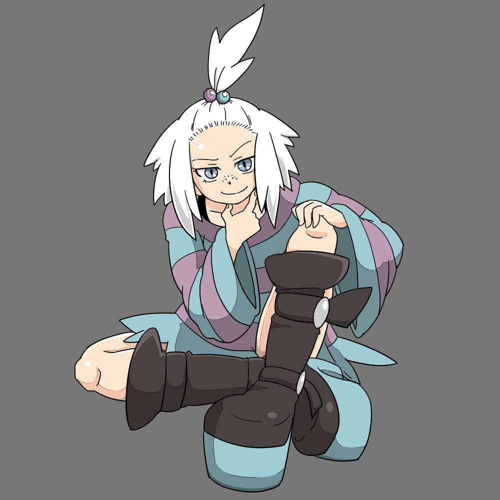 aqua_eyes artist_request bangs_pinned_back black_footwear boots chin_rest combat_boots freckles full_body high_heel_boots high_heels homika_(pokemon) knee_boots pokemon pokemon_(game) pokemon_bw2 short_hair sitting solo white_hair