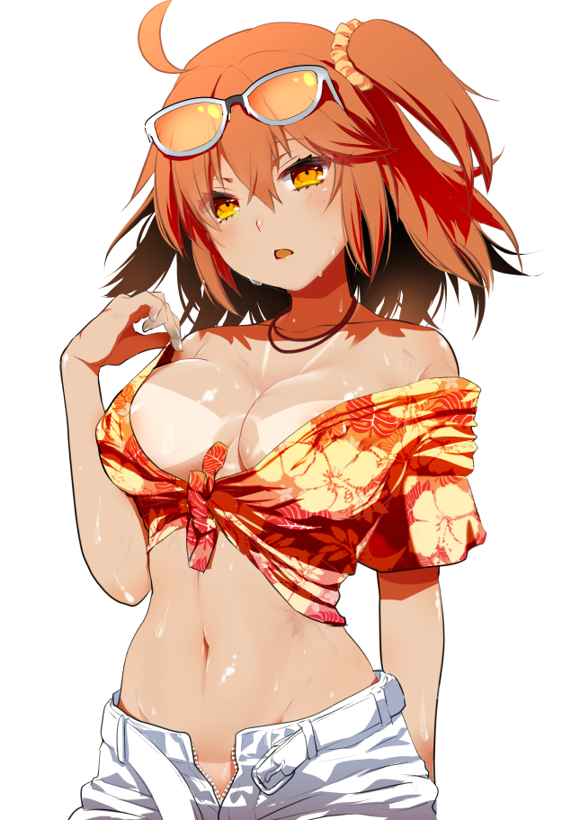 ahoge alternate_costume areola_slip areolae bare_shoulders belt bikini_tan blush breasts buckle cleavage collarbone commentary_request eyewear_on_head fate/grand_order fate_(series) floral_print fujimaru_ritsuka_(female) hair_between_eyes hair_ornament hair_scrunchie hawaiian_shirt head_tilt jewelry looking_at_viewer medium_breasts midriff navel necklace off_shoulder one_side_up open_clothes open_fly open_mouth open_shorts orange-tinted_eyewear orange_eyes orange_hair print_shirt scrunchie shirt short_hair short_shorts short_sleeves shorts simple_background solo stomach sunglasses sweat tan tanline tied_shirt tinted_eyewear tropical_summer unbuckled_belt unzipped white_background white_belt white_shorts yuzuki_yuno
