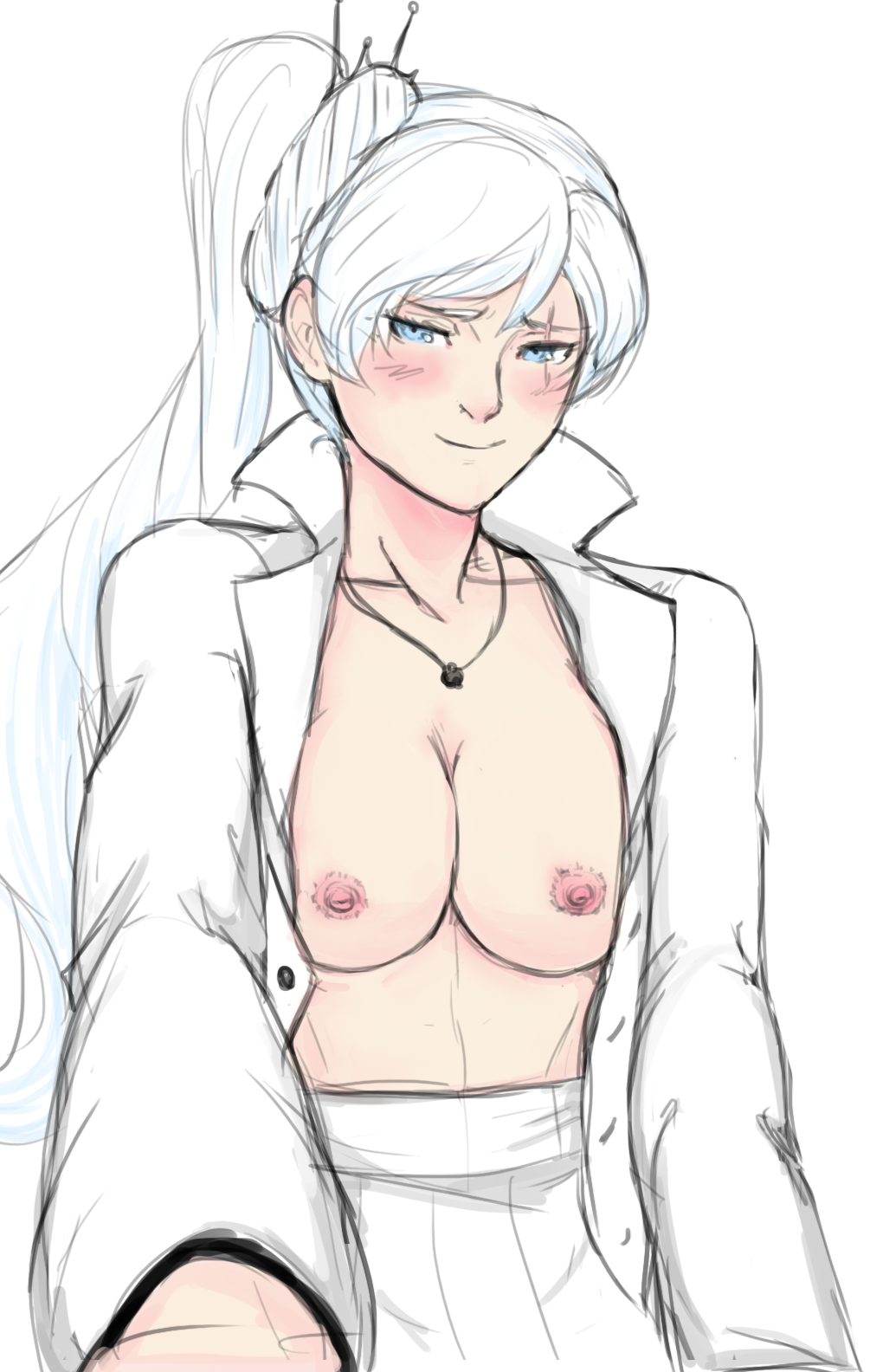 blue_eyes blush breasts hair_between_eyes highres jewelry long_hair looking_at_viewer medium_breasts necklace nipples no_bra open_clothes outstretched_arm raspberrycreampie rwby scar scar_across_eye sketch skirt smile solo sweat weiss_schnee white_background white_hair