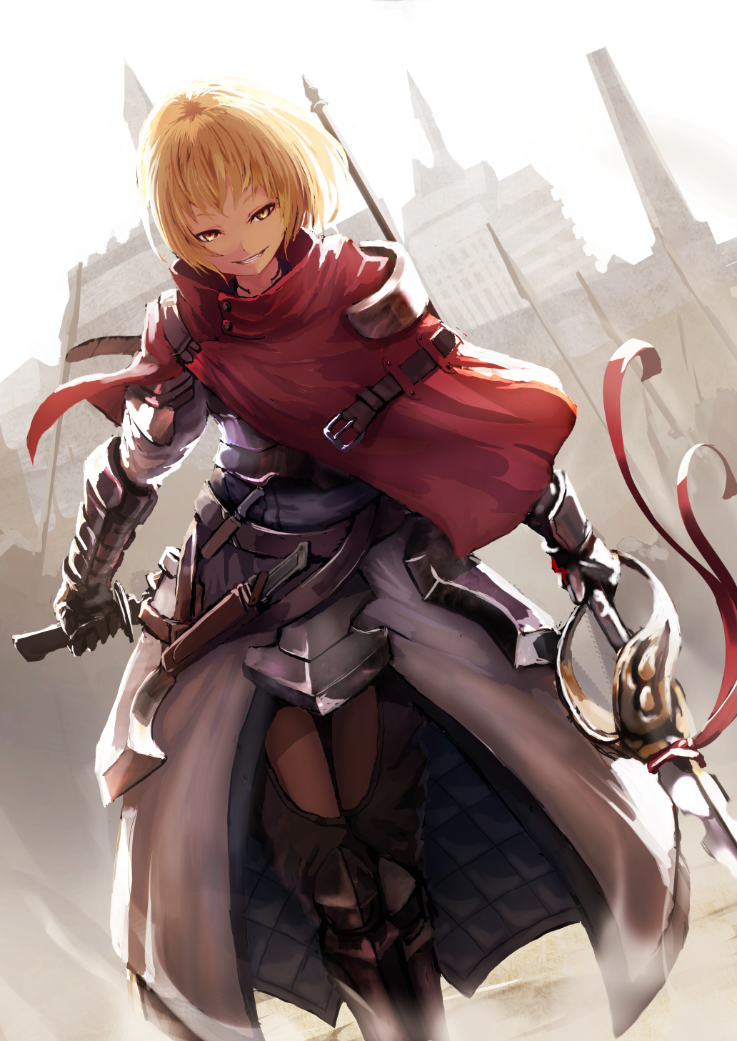 armor armored_dress blonde_hair building dual_wielding dutch_angle fantasy gauntlets grin highres holding knight looking_at_viewer namako_(namacotan) original short_hair smile solo sword walking weapon yellow_eyes