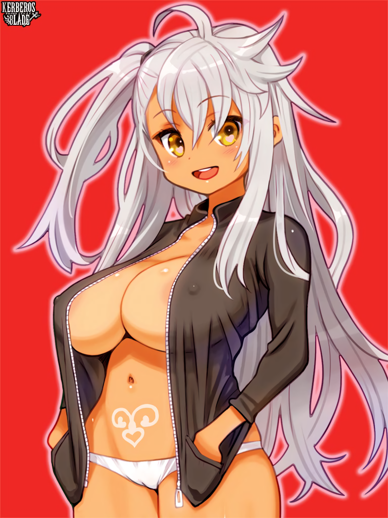 areola_slip areolae blush breasts copyright_name covered_nipples hands_in_pockets huge_breasts jacket kerberos_blade logo long_hair long_sleeves looking_at_viewer messy_hair navel no_bra official_art one_side_up open_clothes open_jacket open_mouth panties pubic_tattoo red_background ryoji_(nomura_ryouji) shinonome_homura silver_hair simple_background solo tattoo underwear unzipped upper_teeth white_panties yellow_eyes