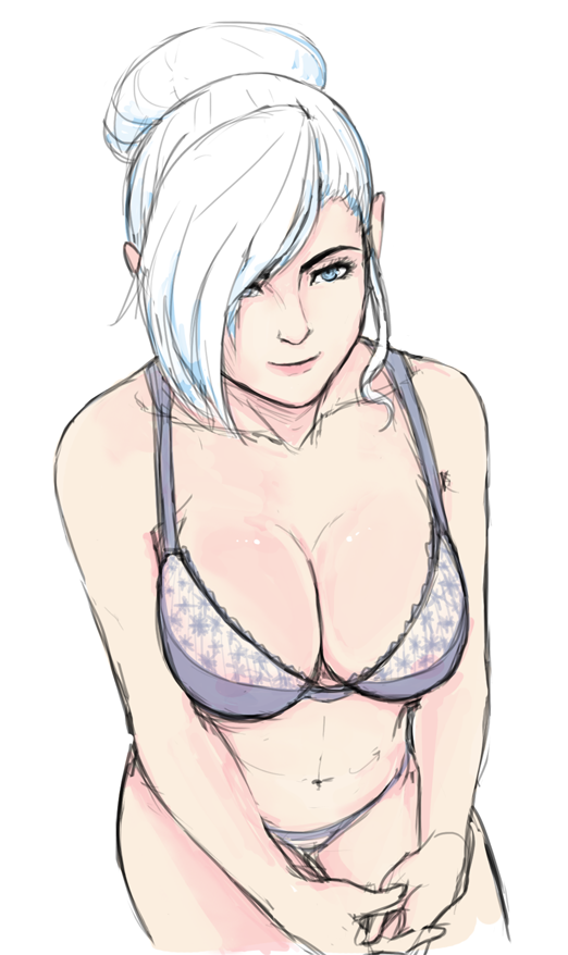 blue_eyes bra breasts cleavage commission cropped_legs from_above hair_bun hair_over_one_eye large_breasts navel panties raspberrycreampie rwby sketch solo underwear white_background white_hair winter_schnee