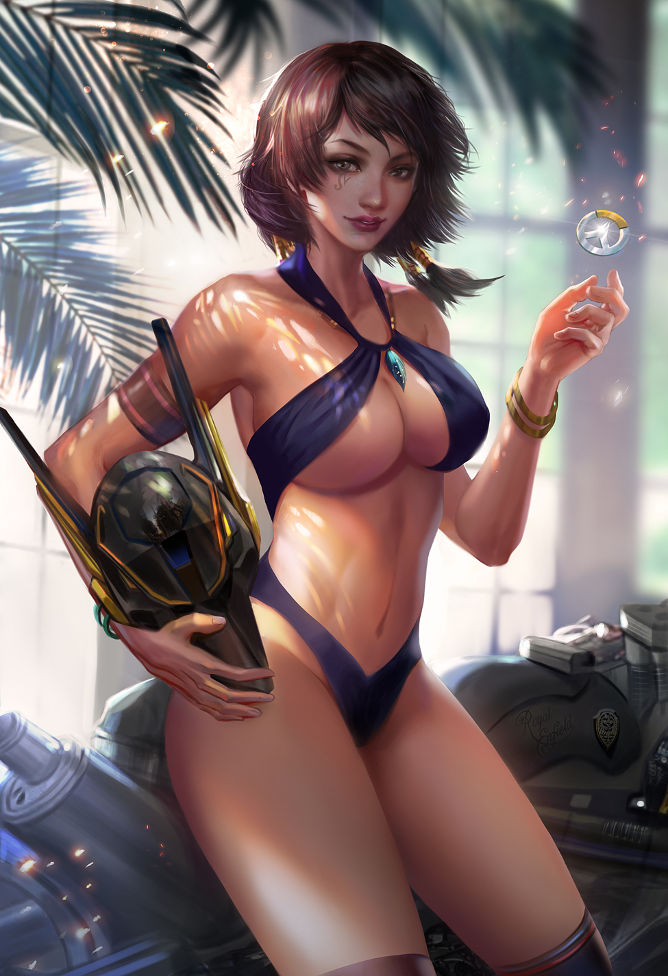 alternate_costume alternate_hair_length alternate_hairstyle anubis_pharah armband badge black_hair blue_swimsuit bracelet breasts cleavage commentary criss-cross_halter dappled_sunlight dark_skin english_commentary eye_of_horus facial_tattoo fern gem ground_vehicle hair_tubes halterneck headwear_removed helmet helmet_removed highres holding holding_helmet jewelry large_breasts lips motor_vehicle motorcycle necklace over-kneehighs overwatch overwatch_(logo) pharah_(overwatch) short_hair solo sunlight swimsuit tattoo thighhighs yang_fan