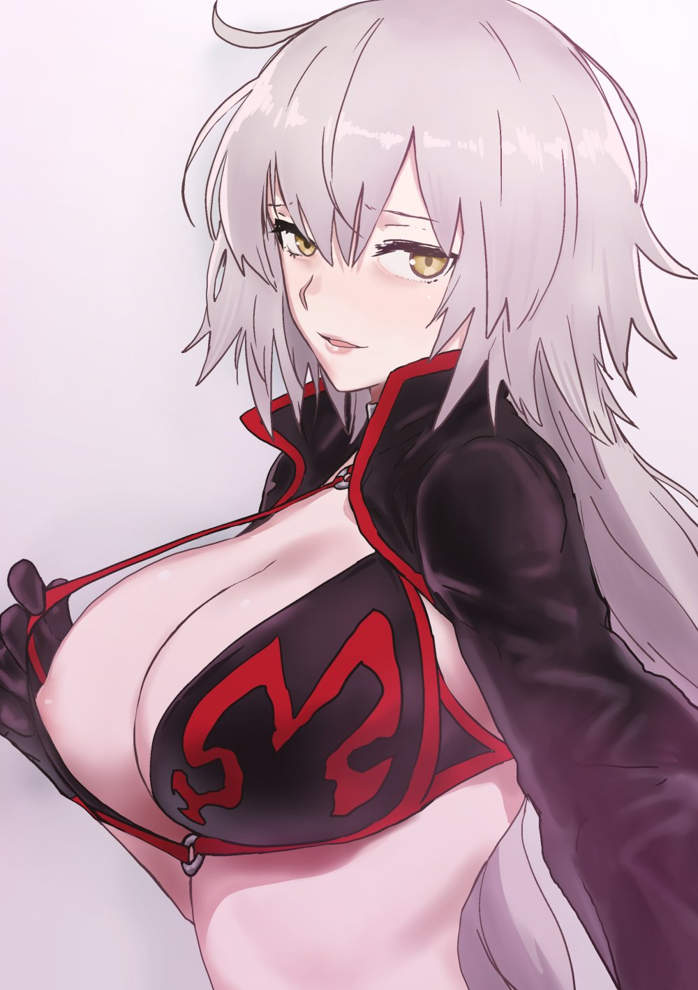 ahoge areola_slip areolae bikini bikini_pull black_bikini black_bikini_top black_jacket breasts choker cleavage collarbone commentary_request eyebrows_visible_through_hair fate/grand_order fate_(series) highres jacket jeanne_d'arc_(alter_swimsuit_berserker) jeanne_d'arc_(fate)_(all) large_breasts long_hair nekoi_mie o-ring shrug_(clothing) solo swimsuit yellow_eyes