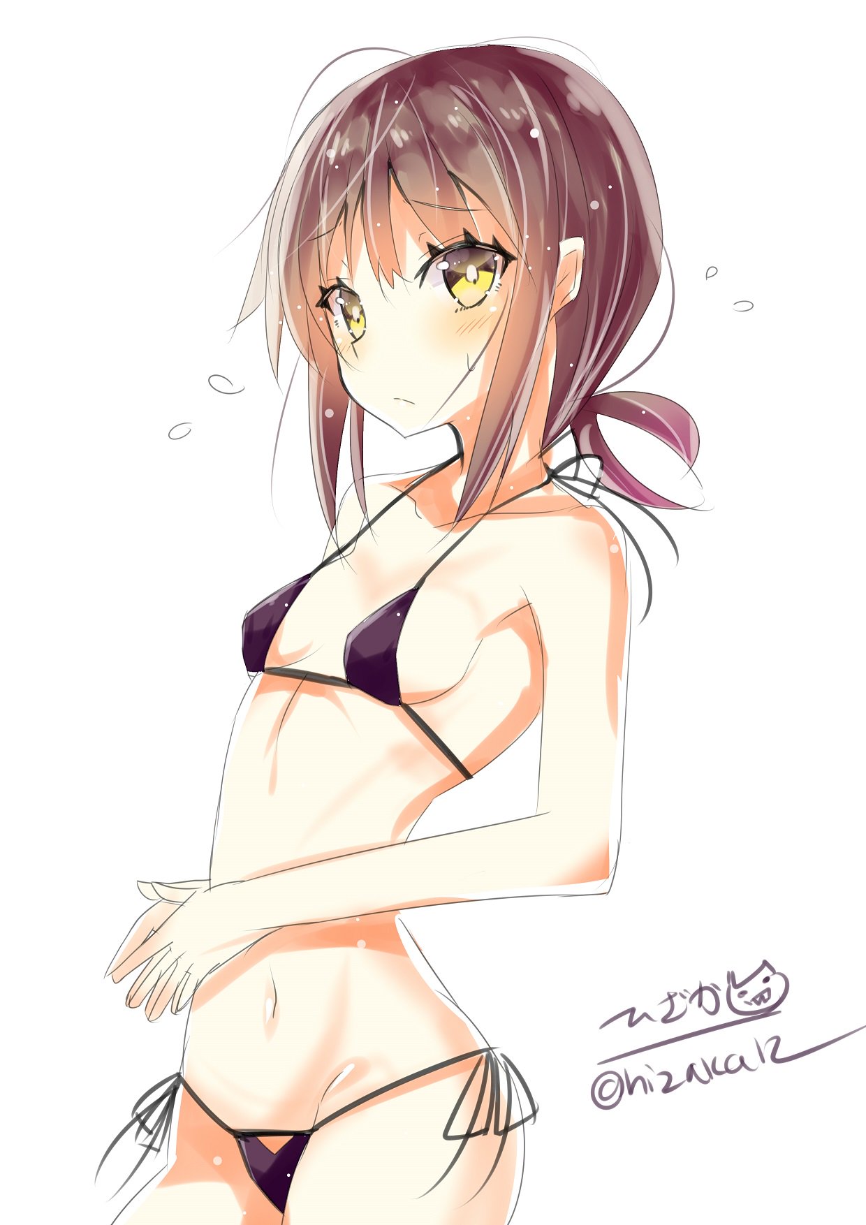 bikini black_bikini blush breasts brown_hair closed_mouth collarbone commentary_request eyebrows_visible_through_hair fubuki_(kantai_collection) groin hair_between_eyes highres hizaka kantai_collection looking_at_viewer medium_hair micro_bikini navel ponytail short_ponytail side-tie_bikini sidelocks simple_background small_breasts solo swimsuit twitter_username white_background yellow_eyes