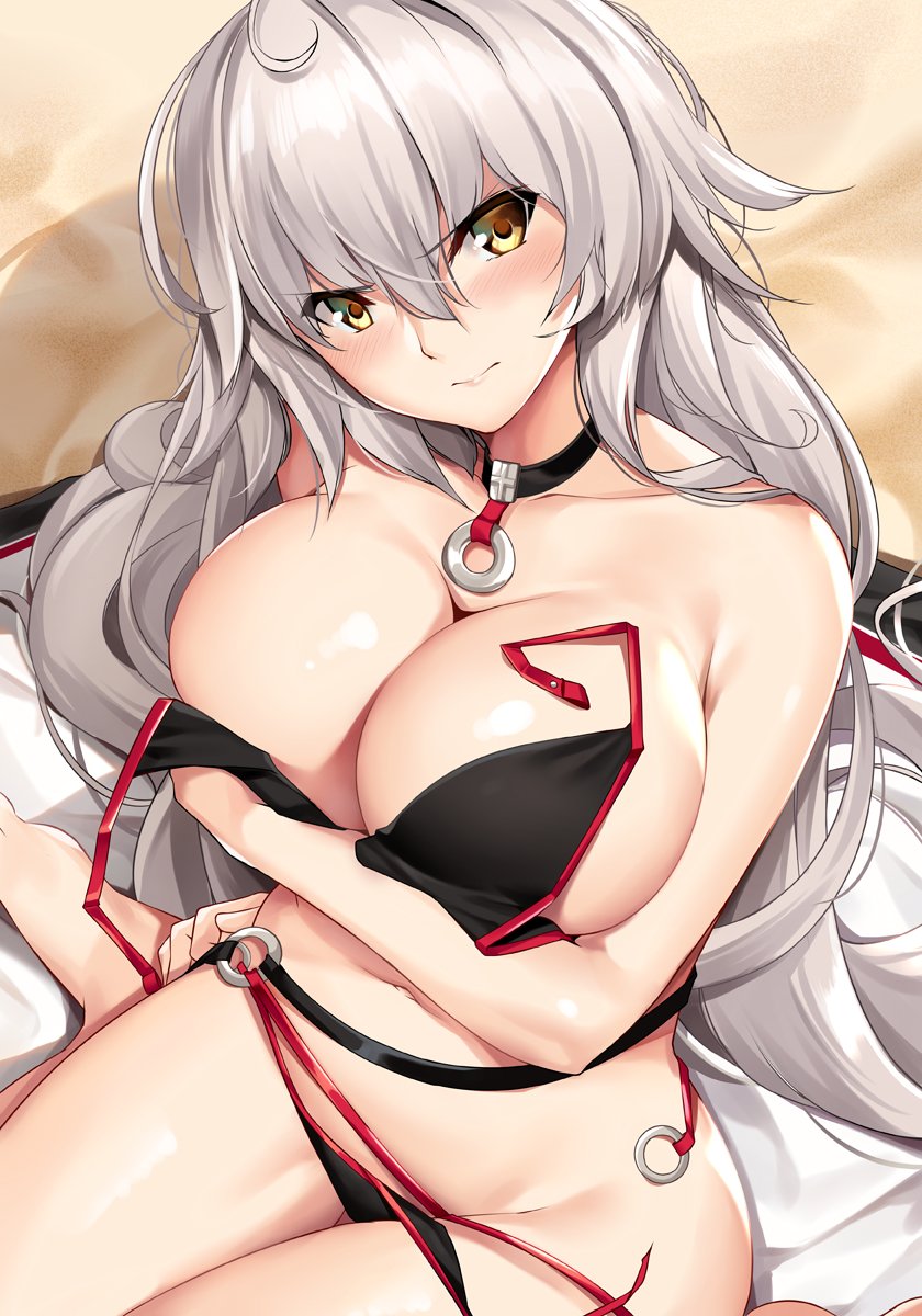 ahoge arm_across_chest bangs beach bikini black_bikini black_jacket blush breasts choker cleavage collarbone commentary_request day eyebrows_visible_through_hair fate/grand_order fate_(series) groin hair_between_eyes hand_on_hip highres jacket jacket_removed jeanne_d'arc_(alter_swimsuit_berserker) jeanne_d'arc_(fate)_(all) large_breasts long_hair looking_at_viewer navel o-ring outdoors sand sidelocks sitting solo swimsuit thighs tony_guisado untied untied_bikini very_long_hair wariza yellow_eyes