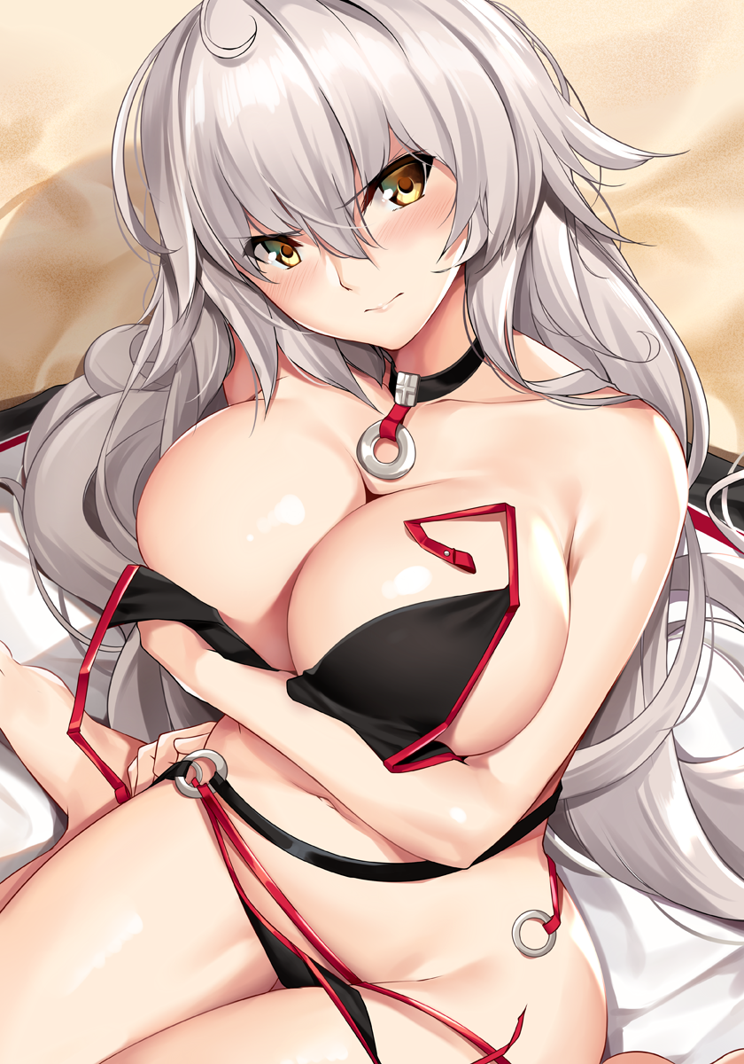 ahoge arm_across_chest bangs beach bikini black_bikini black_jacket blush breasts choker cleavage closed_mouth collarbone commentary day eyebrows_visible_through_hair fate/grand_order fate_(series) groin hair_between_eyes hand_on_hip highres jacket jacket_removed jeanne_d'arc_(alter_swimsuit_berserker) jeanne_d'arc_(fate)_(all) large_breasts long_hair looking_at_viewer navel o-ring outdoors sand sidelocks sitting solo swimsuit thighs tony_guisado untied untied_bikini very_long_hair wariza yellow_eyes