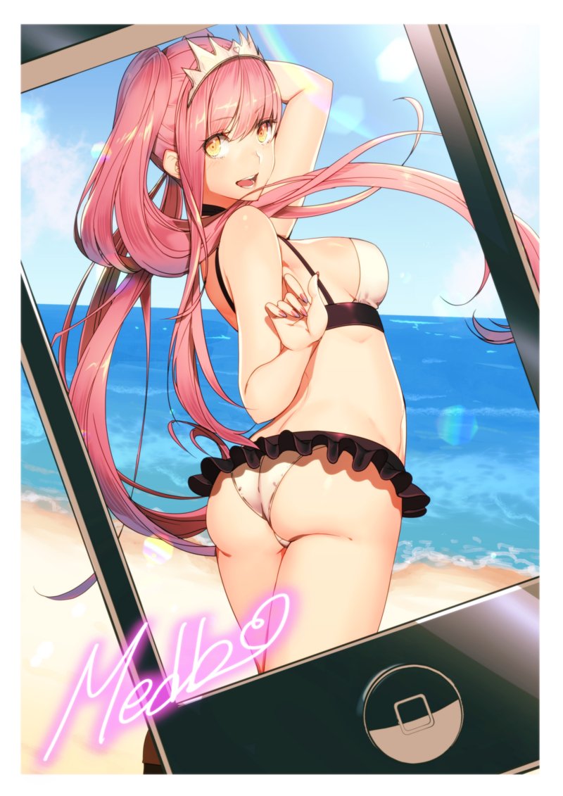 apple_inc. ass bare_shoulders beach bikini breasts cellphone cellphone_picture cleavage commentary_request crown day domco fate/grand_order fate_(series) headband iphone long_hair medb_(fate)_(all) medb_(swimsuit_saber)_(fate) miniskirt ocean open_mouth phone self_shot skirt smartphone swimsuit tiara twintails very_long_hair white_swimsuit