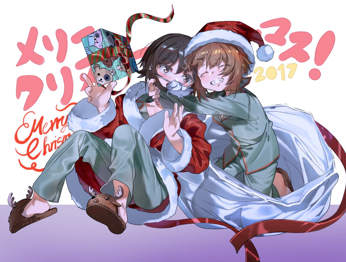 animal_print bangs bear_print blush boko_(girls_und_panzer) commentary_request dated english eyebrows_visible_through_hair fake_beard fake_facial_hair gift girls_und_panzer green_pants green_shirt grin holding holding_gift hug kneeling long_sleeves looking_at_another merry_christmas multiple_girls nishizumi_maho nishizumi_miho oversized_object pajamas pants partial_commentary red_robe reindeer ribbon robe sack sandals shirt short_hair siblings sisters sitting smile translation_request veerinly