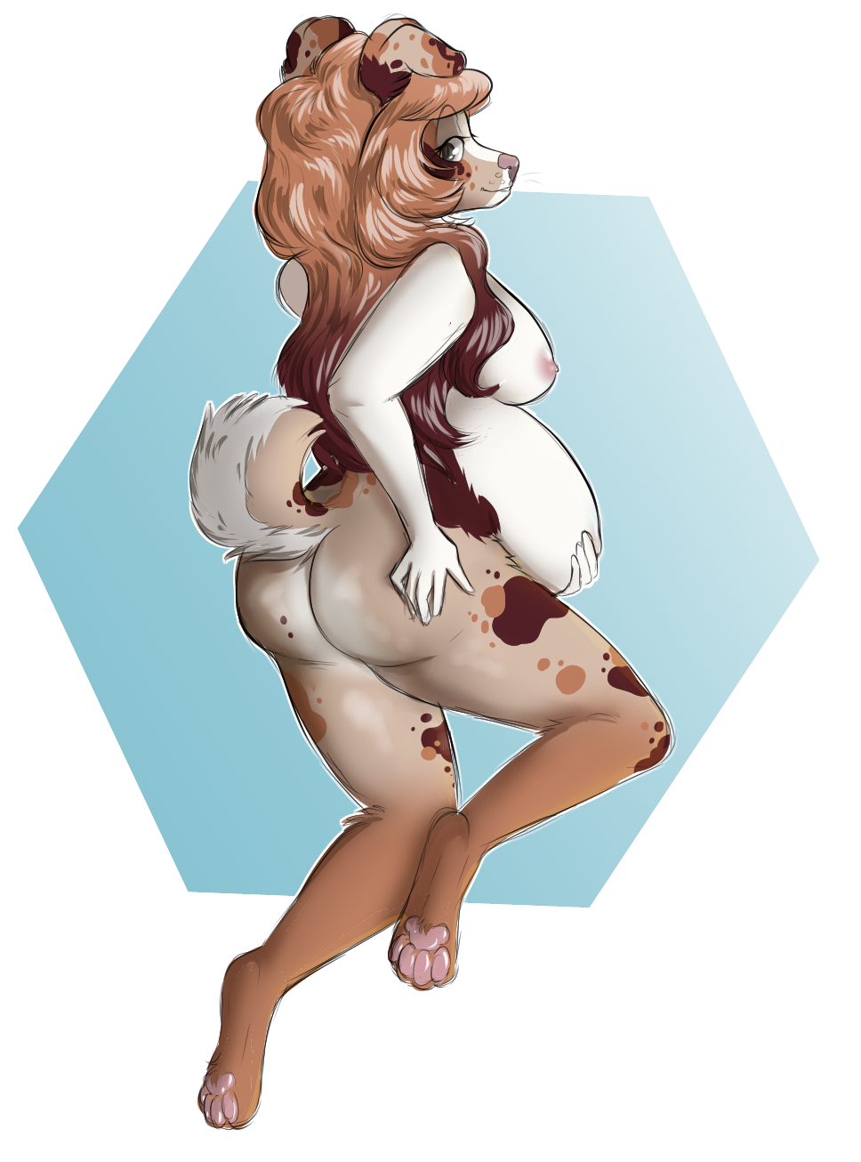 anthro belly breasts butt canine cutedeer female mammal nude pinup pose pregnant simple_background solo