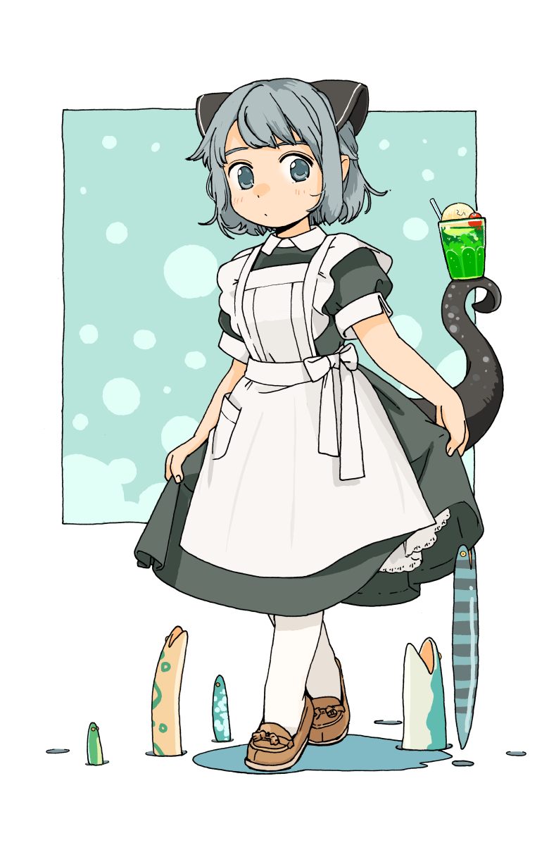 akai_sashimi apron bangs black_dress black_ribbon border brown_footwear bubble cherry closed_mouth collared_dress cup dress drink drinking_glass drinking_straw expressionless eyebrows food frilled_apron frills fruit full_body grey_eyes grey_hair hair_ornament hair_ribbon highres ice_cream ice_cream_float loafers looking_at_viewer maid maid_apron melon_soda original outside_border pocket puddle puffy_short_sleeves puffy_sleeves ribbon shoes short_hair short_sleeves skirt_hold sleeve_cuffs swept_bangs tareme tassel tentacles walking white_apron white_legwear white_ribbon