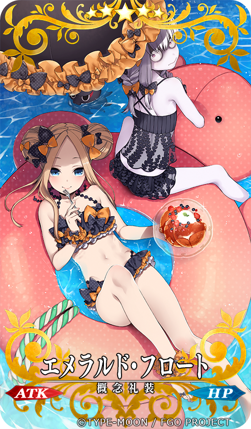 3: abigail_williams_(fate/grand_order) bangs bare_shoulders bikini_skirt black_bow black_umbrella blonde_hair blue_eyes blueberry bow bowl bracelet braid collarbone commentary_request craft_essence double_bun emerald_float fate/grand_order fate_(series) food forehead fork frilled_umbrella fruit grey_hair hair_bow holding holding_bowl holding_food holding_fork holding_umbrella jewelry katsushika_hokusai_(fate/grand_order) lavinia_whateley_(fate/grand_order) long_hair looking_at_viewer looking_back multiple_girls navel octopus official_art orange_bow pale_skin parted_bangs pink_innertube polka_dot polka_dot_bow polka_dot_innertube purple_eyes see-through smile strawberry sumeragi_kohaku tokitarou_(fate/grand_order) umbrella water