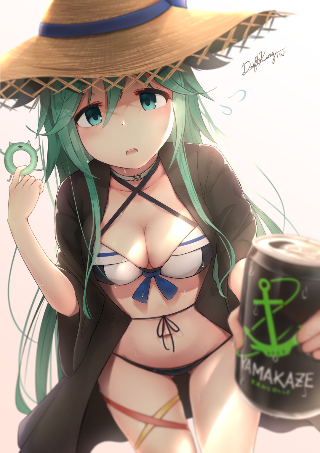 alternate_costume bangs bikini black_coat blurry blush breasts can choker cleavage coat collarbone commentary cowboy_shot depth_of_field driftkingtw enemy_lifebuoy_(kantai_collection) eyebrows_visible_through_hair flying_sweatdrops giving green_eyes green_hair hair_between_eyes hair_ornament hair_ribbon hairclip hat highres holding holding_can kantai_collection leaning_forward long_hair looking_at_viewer medium_breasts navel open_mouth ribbon shade signature simple_background solo stomach straw_hat sun_hat sweat swimsuit tareme thigh_strap white_background wide_sleeves yamakaze_(kantai_collection)