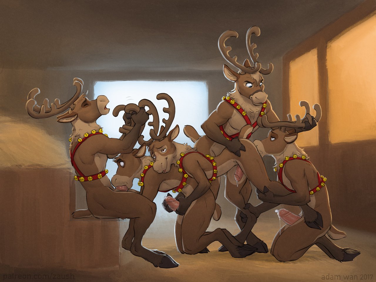 2018 adam_wan anal anthro anthro_on_anthro antlers bent_over brown_fur cervine chest_tuft cum cum_string erection eyes_closed fellatio fur gangbang group group_sex half-closed_eyes handjob hands-free hooves horn horn_grab humanoid_penis inside leg_grab looking_at_another looking_down looking_up male male/male mammal nude open_mouth oral orgasm penis pink_penis precum reindeer rimming sex sitting smile standing tuft wide_eyed