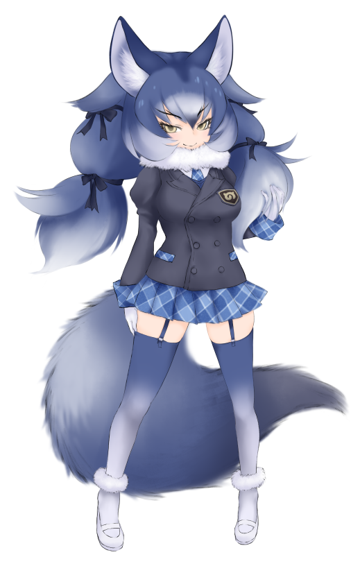 animal_ears arm_at_side bangs black_ribbon blue_hair blue_skirt breasts commentary dire_wolf_(kemono_friends) double-breasted full_body fur_collar fur_trim garter_straps gloves gradient_legwear hair_ribbon ise_(0425) japari_symbol juliet_sleeves kemono_friends legs_apart long_hair long_sleeves looking_at_viewer plaid plaid_skirt puffy_sleeves ribbon simple_background skirt smile solo standing tail thighhighs unmoving_pattern v-shaped_eyebrows white_background white_gloves wolf_ears wolf_tail yellow_eyes zettai_ryouiki