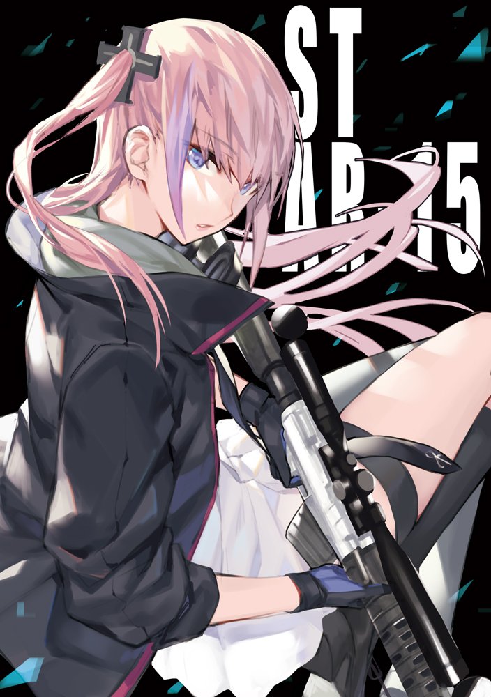 ar-15 black_background blue_eyes character_name commentary_request eyebrows_visible_through_hair fingerless_gloves from_behind girls_frontline gloves gradient_hair gun hair_ornament long_hair looking_at_viewer multicolored_hair noy one_side_up parted_lips pink_hair purple_hair rifle school_uniform side_ponytail sidelocks single_thighhigh sitting solo st_ar-15_(girls_frontline) streaked_hair thigh_strap thighhighs weapon