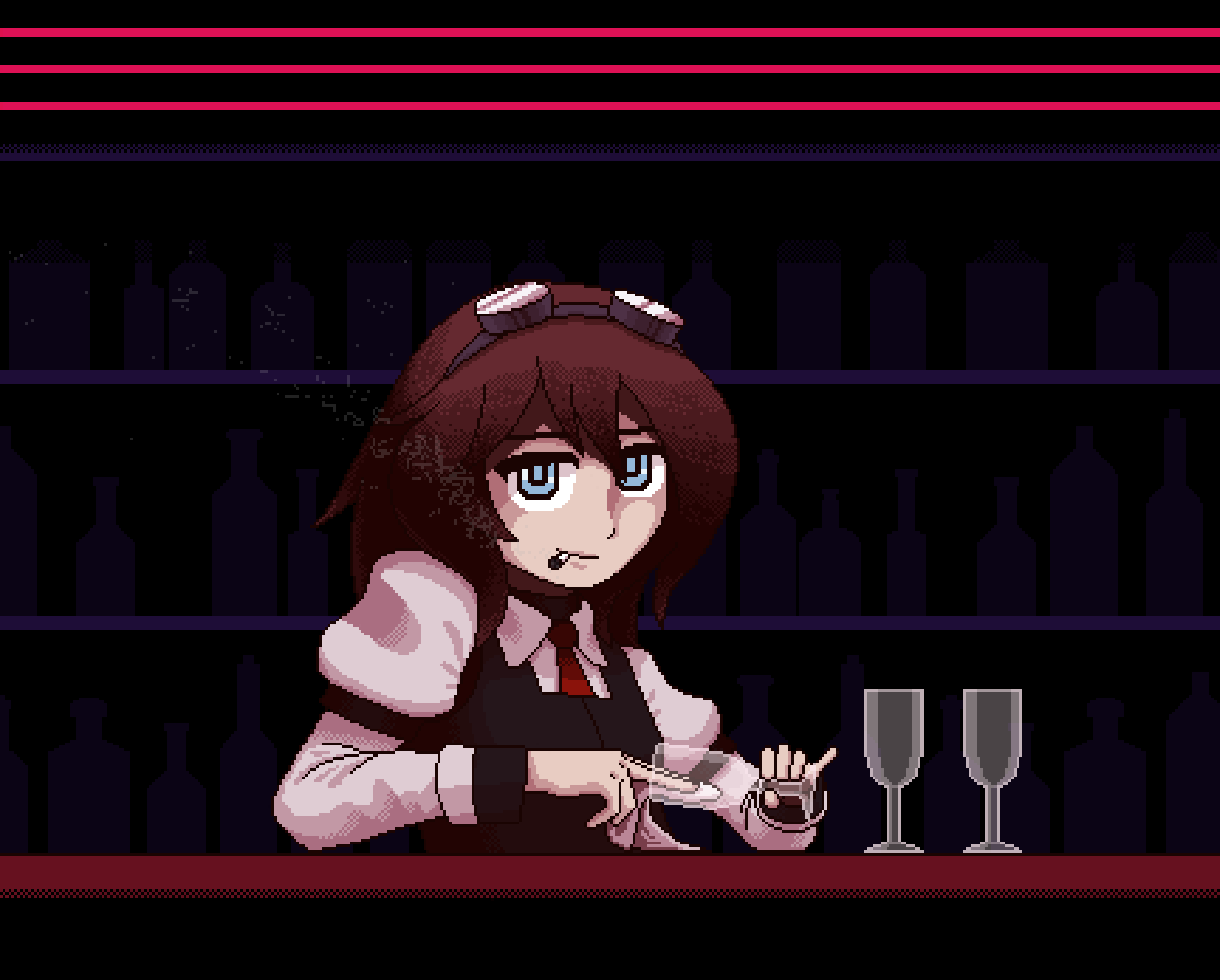 1girl bar black_vest blue_eyes brown_hair cigarette cup devo4ka dipfanken dress_shirt drinking_glass glasses holding holding_drinking_glass julianne_stingray long_hair long_sleeves looking_at_viewer original pixel_art puffy_sleeves shirt smoke smoking solo va-11_hall-a vest white_shirt