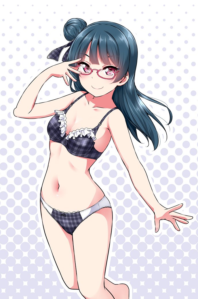 bangs blue_hair blush bra breasts collarbone commentary_request frilled_bra frills glasses halftone halftone_background hand_on_own_face hand_up long_hair looking_at_viewer love_live! love_live!_sunshine!! navel panties plaid plaid_bra plaid_panties plaid_ribbon purple_eyes ribbon semi-rimless_eyewear side_bun side_ribbon small_breasts smile solo stomach tsushima_yoshiko under-rim_eyewear underwear underwear_only yopparai_oni