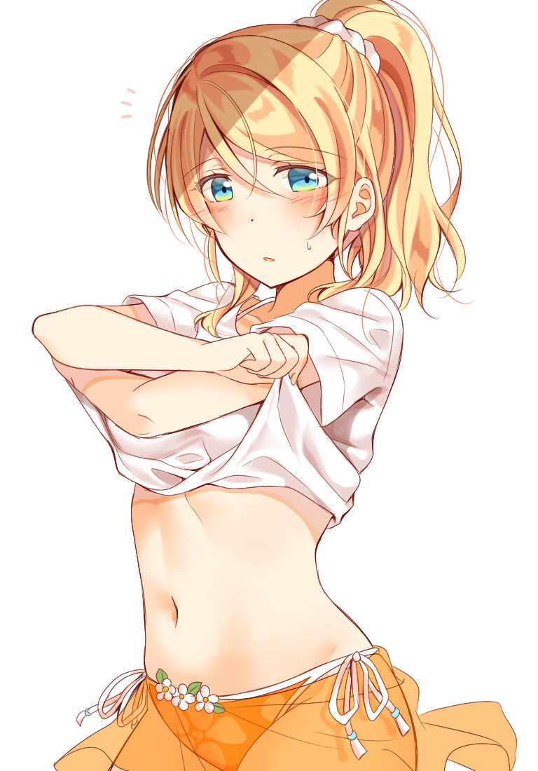 ayase_eli bikini bikini_skirt blonde_hair blue_eyes blush commentary_request crossed_arms eyebrows_visible_through_hair flower hair_between_eyes love_live! love_live!_school_idol_project midriff mogu_(au1127) navel notice_lines orange_bikini_bottom parted_lips ponytail scrunchie shirt short_sleeves side-tie_bikini sidelocks simple_background solo sweatdrop swimsuit undressing white_background white_flower white_scrunchie white_shirt