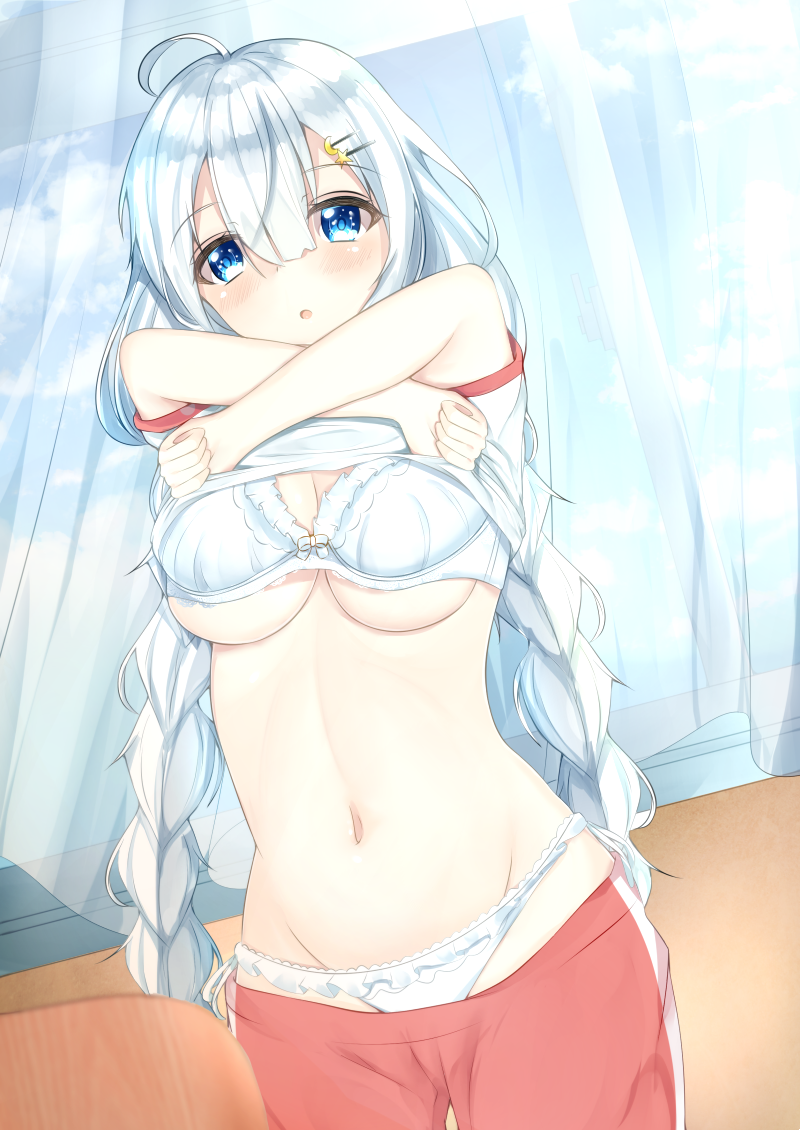 :o ahoge aties20 blue_eyes blush bow bow_bra bra bra_lift braid breasts chair commentary crescent crescent_hair_ornament curtains dutch_angle eyebrows_visible_through_hair frilled_bra frilled_panties frills gym_shirt gym_shorts hair_ornament hairclip indoors kizuna_akari lace lace-trimmed_panties long_hair looking_at_viewer medium_breasts navel panties red_shorts school_chair shirt shirt_lift short_sleeves shorts shorts_pull silver_hair single_vertical_stripe solo standing star star_hair_ornament t-shirt twin_braids underwear undressing very_long_hair vocaloid voiceroid white_bra white_panties window
