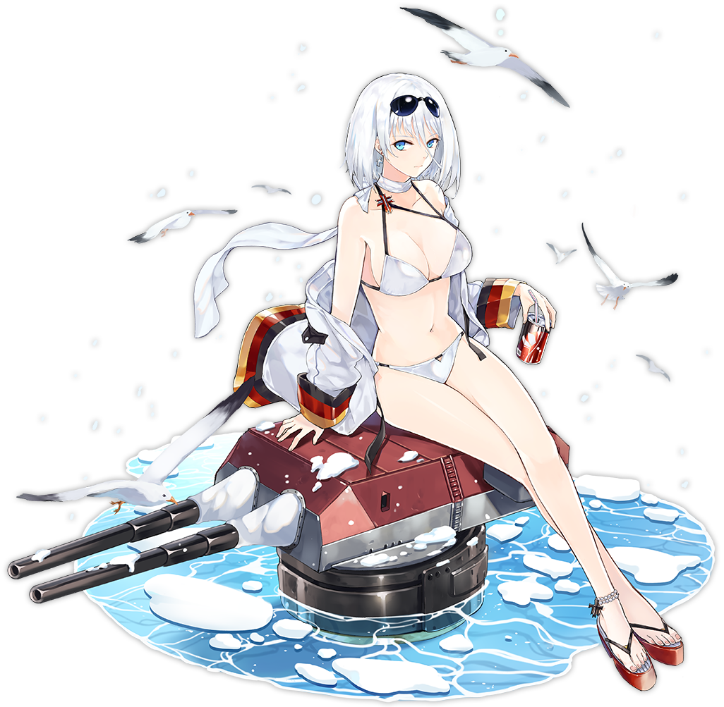 anklet azur_lane bird blue_eyes breasts cleavage closed_mouth collarbone cross cross_earrings crossed_legs drinking_straw earrings eyebrows_visible_through_hair eyewear_on_head full_body grey_hair hao_(patinnko) jewelry large_breasts looking_at_viewer navel official_art sandals seagull short_hair sitting solo sunglasses tirpitz_(azur_lane) transparent_background water