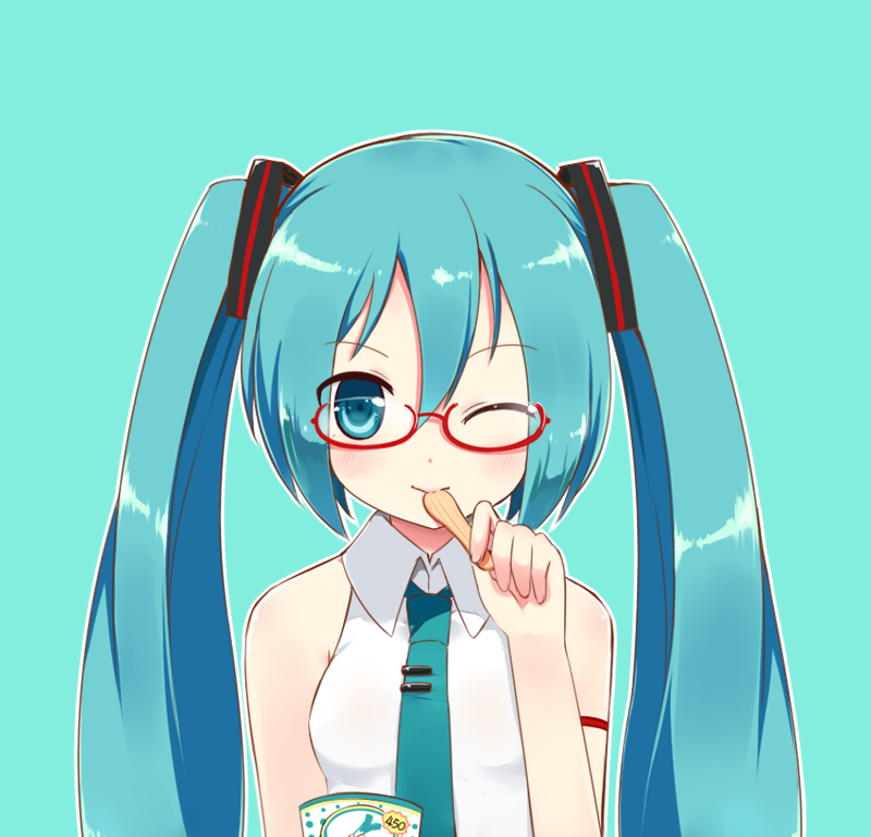 blue_hair blue_neckwear blush breasts closed_mouth collared_shirt eyebrows_visible_through_hair glasses green_background hatsune_miku linda_b long_hair looking_at_viewer medium_breasts one_eye_closed red-framed_eyewear semi-rimless_eyewear shirt simple_background sleeveless smile solo tie_clip twintails upper_body vocaloid