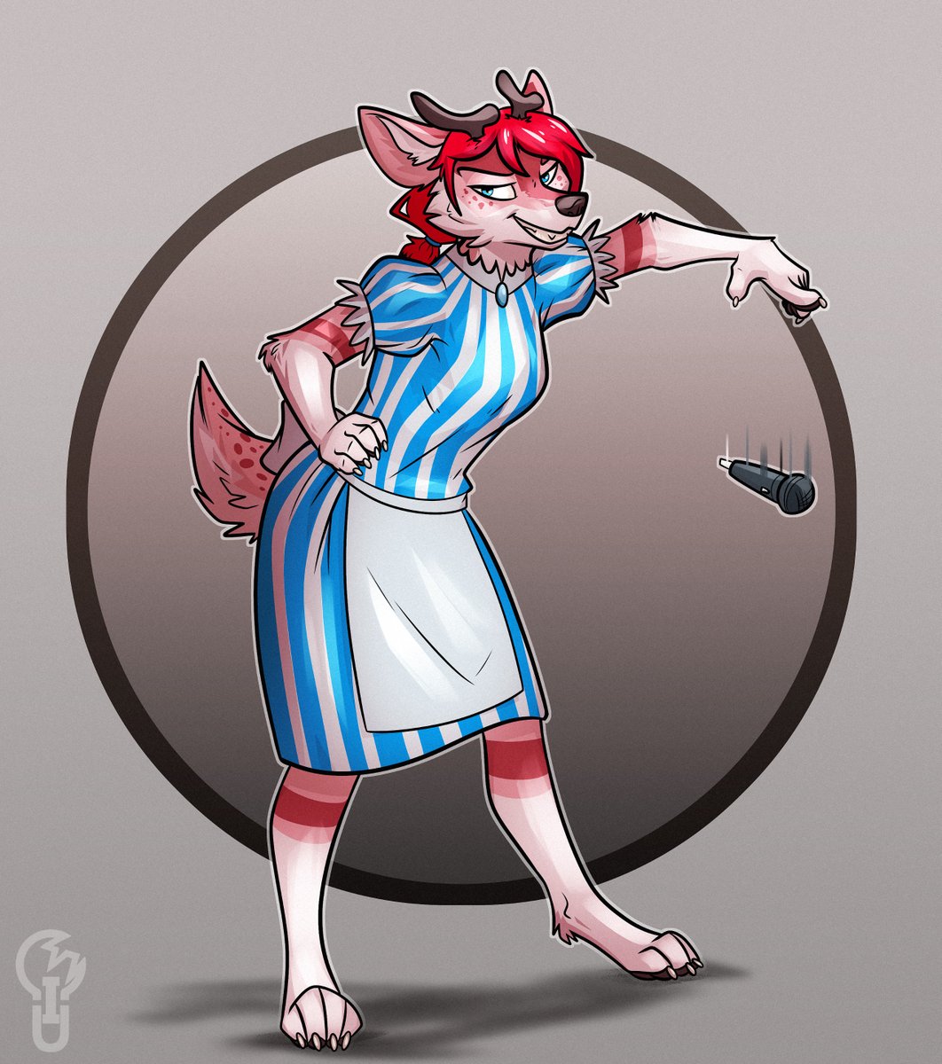 2018 anthro apron blue_dress canine cervine clothing digitigrade dress female fur hair hairband hand_on_hip hybrid looking_at_viewer mammal mic_drop pink_fur red_hair signature simple_background solo teeth wendy's wolf zillion_ross