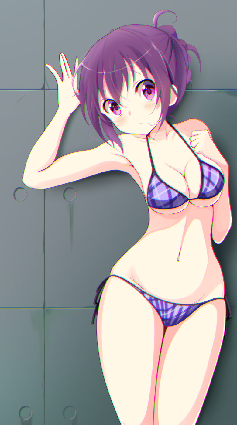 against_wall arm_up bangs bikini breasts cleavage clenched_hand commentary cowboy_shot gochuumon_wa_usagi_desu_ka? hair_up highres leaning_to_the_side looking_at_viewer medium_breasts navel parted_lips pix_mloof plaid plaid_bikini purple_bikini purple_eyes purple_hair short_hair side-tie_bikini solo standing swimsuit tedeza_rize tied_hair